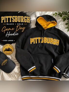 Pittsburgh Black & Gold Embroidered Hoodie Sweatshirt Size Large Renegade Unisex